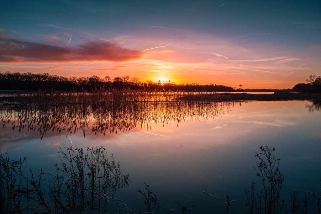 sunset, flow, elbe, water, landscape, nature, mood, reflection, elbe landscape